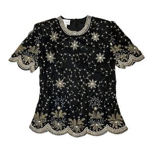 Laurence Kazar Silk Black Embellished Short Sleeve Beaded Top